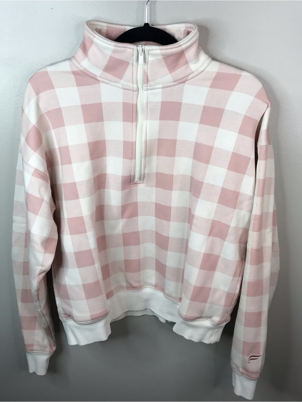 Fabletics Pink and White Buffalo Plaid Half-Zip Pullover Sz Large